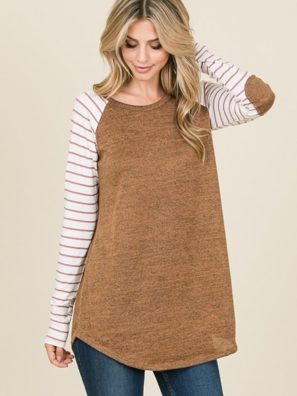 NWT Raglan Baseball Tee w/ Striped Sleeves Camel Casual Women’s Top Size Small